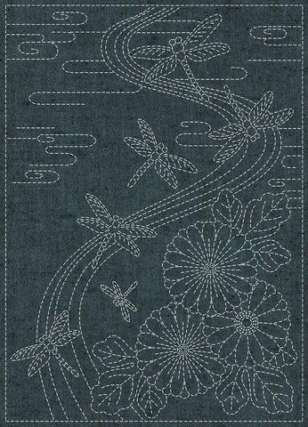 Sashiko Pre-printed Small Panel - QH Textiles - HFNP22BL-02A - Yarn Dyed Nep Fabric - Twilight Dragonfly - Dark Blue-Green