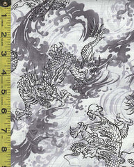 *Japanese - Hokkoh Pen & Ink Dragons & Waves - Dobby Weave - 321-130-3A - Gray & White