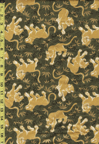 Quilt Gate - Tora Tigers, Water Swirls & Bamboo Leaves - HR-3390-12C - Olive