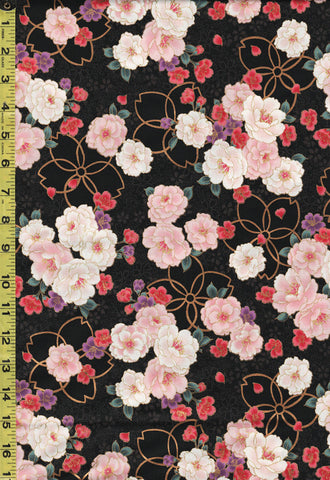 Quilt Gate - Hyakka Ryoran Shiki - Cherry Blossoms & Peonies - HR3380-11E - Black - Last 2 3/4 yards