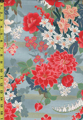 Quilt Gate - Kaga Pretty Floral Garden - Mums, Peonies, Daffodils - HR3400-11C - Blue-Teal - Last 2 2/3 Yards