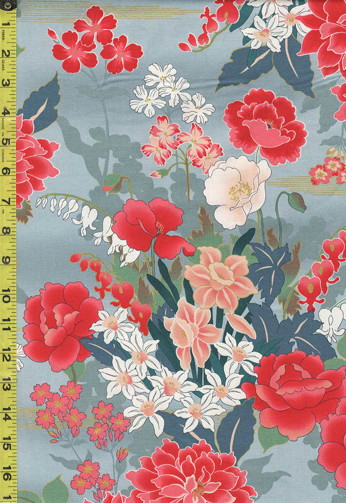 Quilt Gate - Kaga Pretty Floral Garden - Mums, Peonies, Daffodils - HR3400-11C - Blue-Teal - Last 2 2/3 Yards