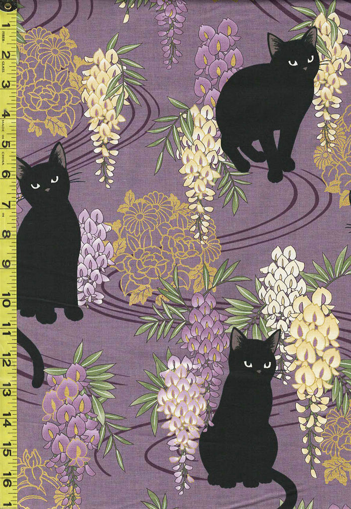 Quilt Gate - Neko Black Cat, Wisteria & Floral Medallions - HR3410-D - Purple
