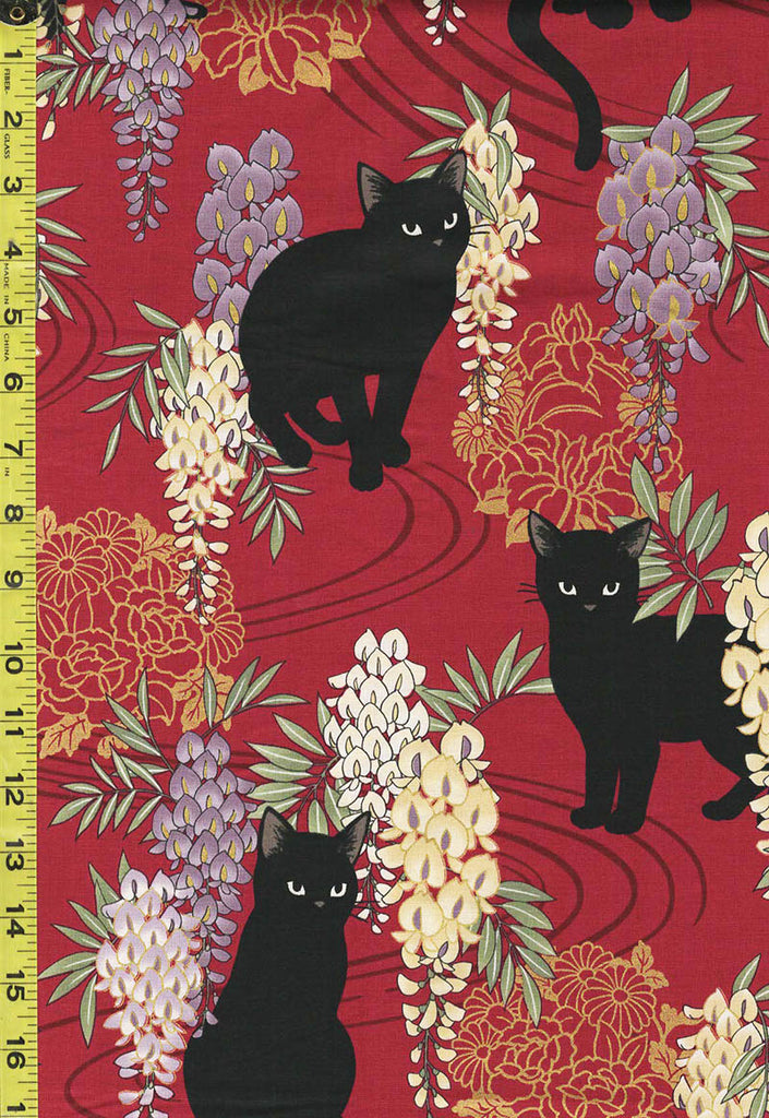 *Quilt Gate - Neko Black Cat, Wisteria & Floral Medallions - HR3410-F - Red
