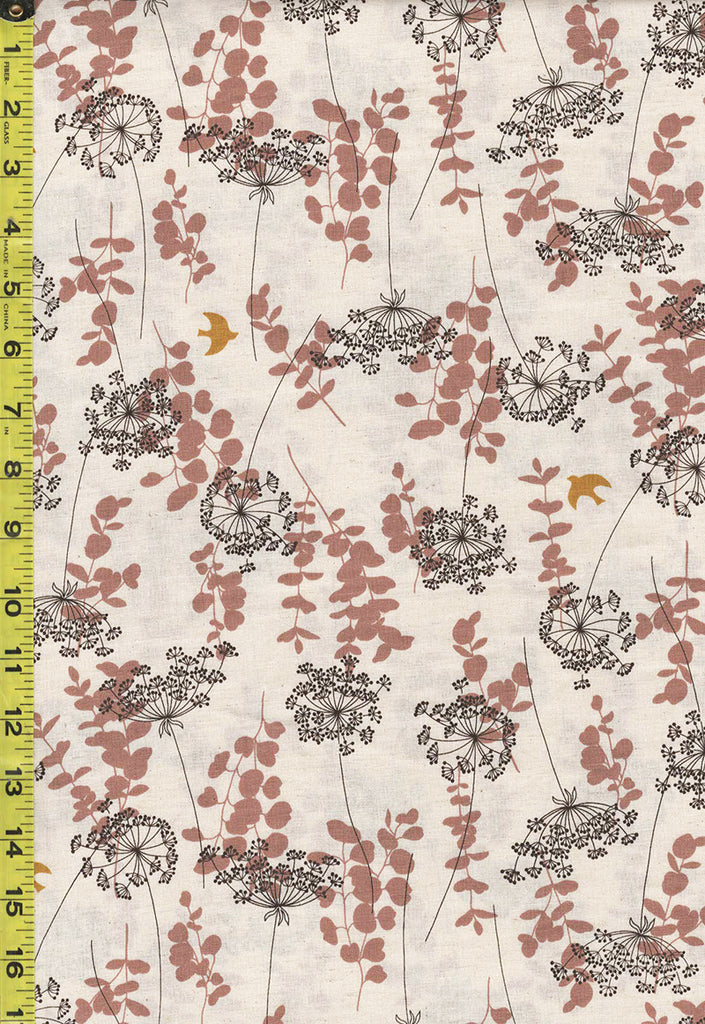 *Japanese - Handworks Dandelions, Leafy Branches & Gold Birds - Cotton-Linen - SL10452S-B - Natural & Brown
