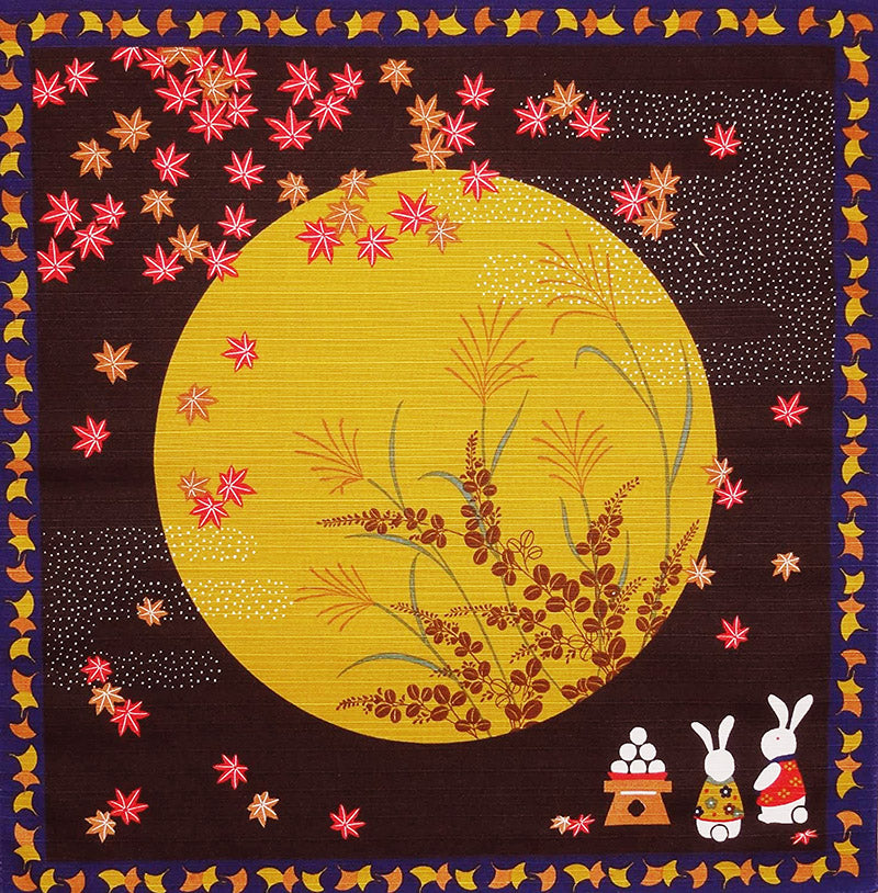 Furoshiki  - Japanese Wrapping Cloth - Harvest Moon, Bunnies & Mochi