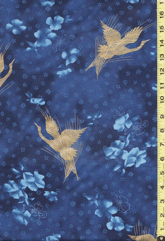 *Asian - Hoffman Zen Garden - Flying Cranes & Floating Blossoms - P7587 - Sapphire/Gold - Last 2 3/8 yards