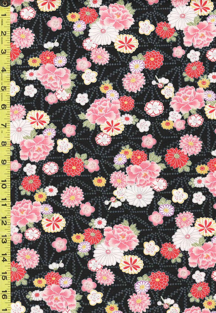 Japanese - Hokkoh Peonies, Mums & Asanoha - Dobby Weave - 1021-100-3E - Black