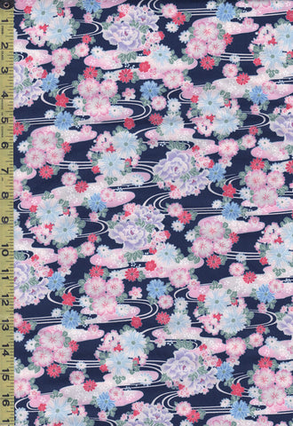 Japanese - Hokkoh - Floral Clusters & River Swirls - 1021-110-3D - Navy - ON SALE - SAVE 30%
