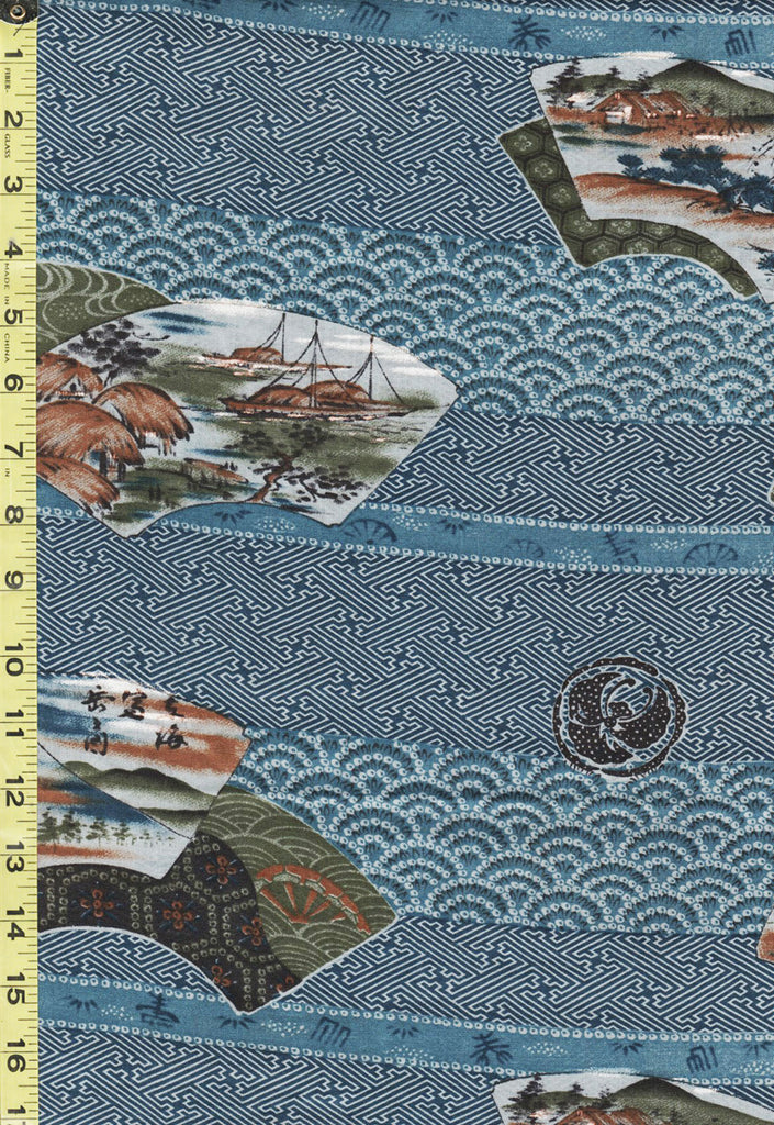 Yukata Fabric - 836 -Juban Scenic Fans, Key Maze & Seigaiha (Dotted Wave) Stripes - 26" Wide - Soft Teal Blue