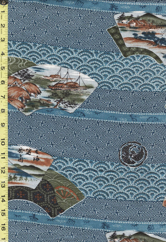Yukata Fabric - 836 -Juban Scenic Fans, Key Maze & Seigaiha (Dotted Wave) Stripes - 26
