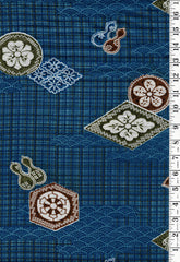 Yukata Fabric - 839 - Juban Floating Floral Crests - 32" Wide - Blue Plaid