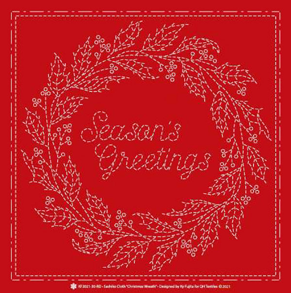 Sashiko Pre-printed Sampler - QH Textiles - KF2021-30-RD - Christmas Wreath - Red