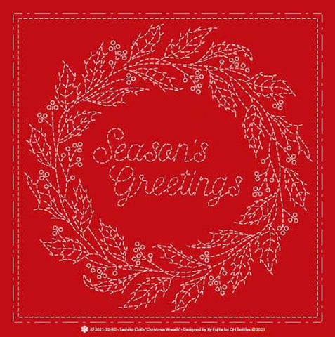 Sashiko Pre-printed Sampler - QH Textiles - KF2021-30-RD - Christmas Wreath - Red