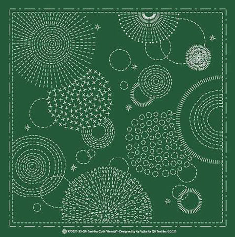 Sashiko Pre-printed Panel - QH Textiles - KF2021-35-GR - Hanabi (Fireworks) - Green