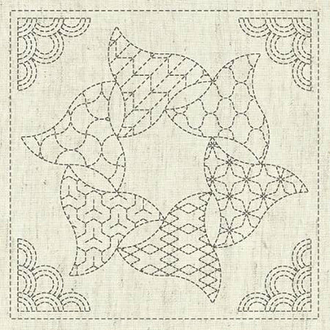 Sashiko Pre-printed Sampler - QH Textiles - KF2022-38 - Kaza-Guruma 5 - Ribbon Wreath - Greige