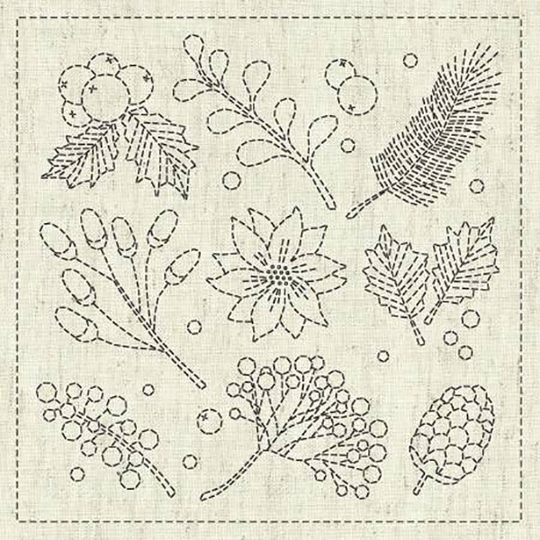 Sashiko Pre-printed Sampler - QH Textiles - KF2022-40 - Little Gathering - Pinecone & Berries - Greige