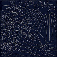 Sashiko Pre-printed Sampler - QH Textiles - KF2021-KK05 - KIKU (Chrysanthemum) - Navy