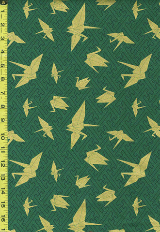 Japanese - Kokka Golden Origami Cranes - YKA-79100-1C35 - Green - Last 2 7/8 yards