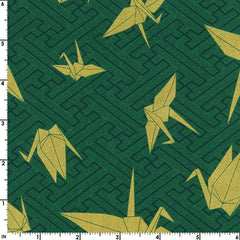 Japanese - Kokka Golden Origami Cranes - YKA-79100-1C35 - Green - Last 2 7/8 yards