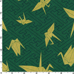 *Japanese - Kokka Golden Origami Cranes - YKA-79100-1C35 - Green