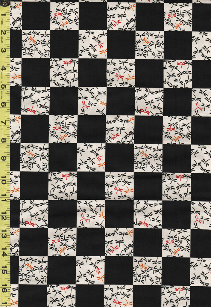 *Japanese Novelty -  Kurenei Dragonfly Checkerboard - KW-3410-2D - Black & Ecru