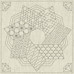 Sashiko Pre-printed Sampler - KF2020-21 - QH Textiles - KAZA-GURUMA 4 - Rotating Ribbons with Japanese Motifs & Diamond Corners - Beige