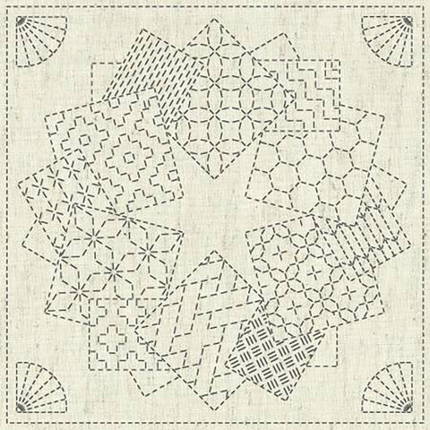 Sashiko Pre-printed Sampler - KF2020-11 - QH Textiles - KAZA-GURUMA 1 (Rotating Squares with Japanese Motifs & Center Star) - Beige