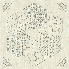 Sashiko Pre-printed Sampler - KF2020-12 - QH Textiles - KAZA-GURUMA 2 - Hexagons with Japanese Motifs - Beige