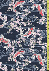 *Japanese - Hokkoh Koi & Cherry Blossom - Dobby Weave - 1021-120-2D - Navy - Last 2 Yards