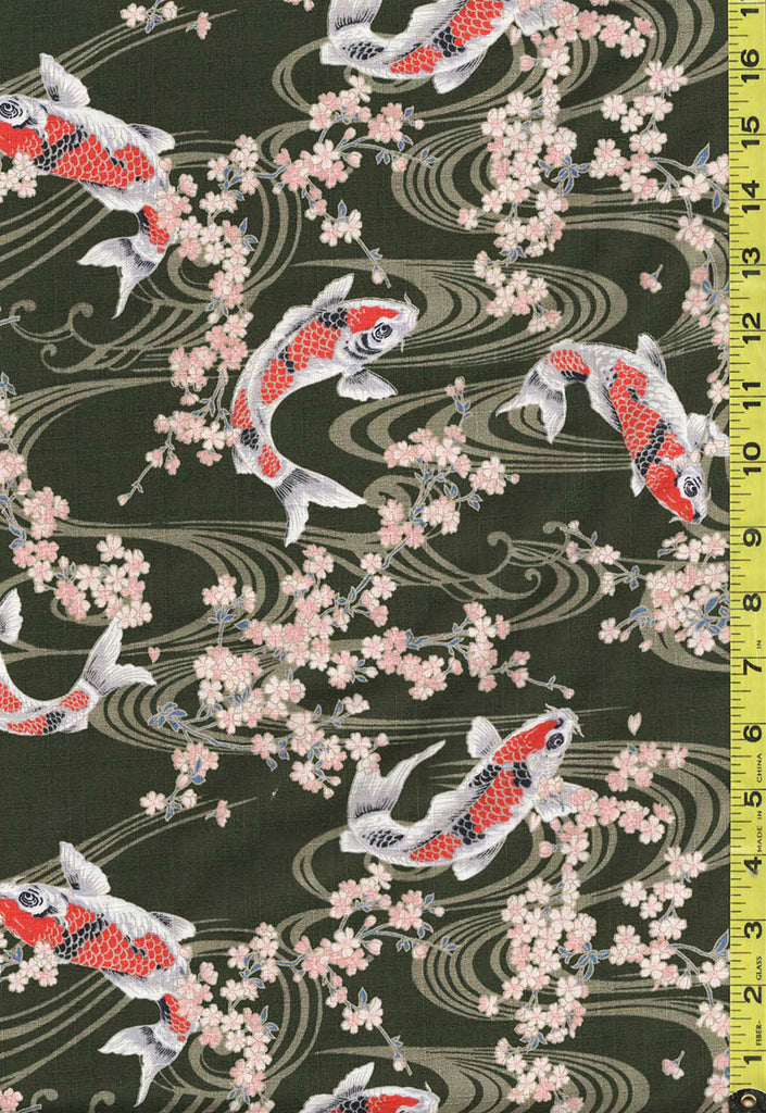 *Japanese - Hokkoh Koi & Cherry Blossom - Dobby Weave - 1021-120-2C - Olive