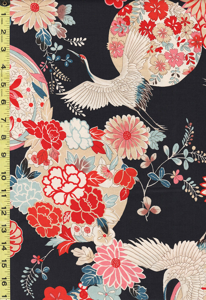 *Japanese - Kokka Classic Japanese - Cranes, Peonies & Floral Medallions - LOA - 61070-2D40 - Black