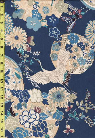 *Japanese - Kokka Classic Japanese - Cranes, Peonies & Floral Medallions - LOA - 61070-2C22 - Blue