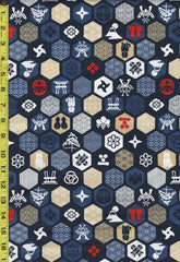 Japanese - Kokka Hexagons with Japanese Motifs - Dobby Weave - LGA-19000-3C