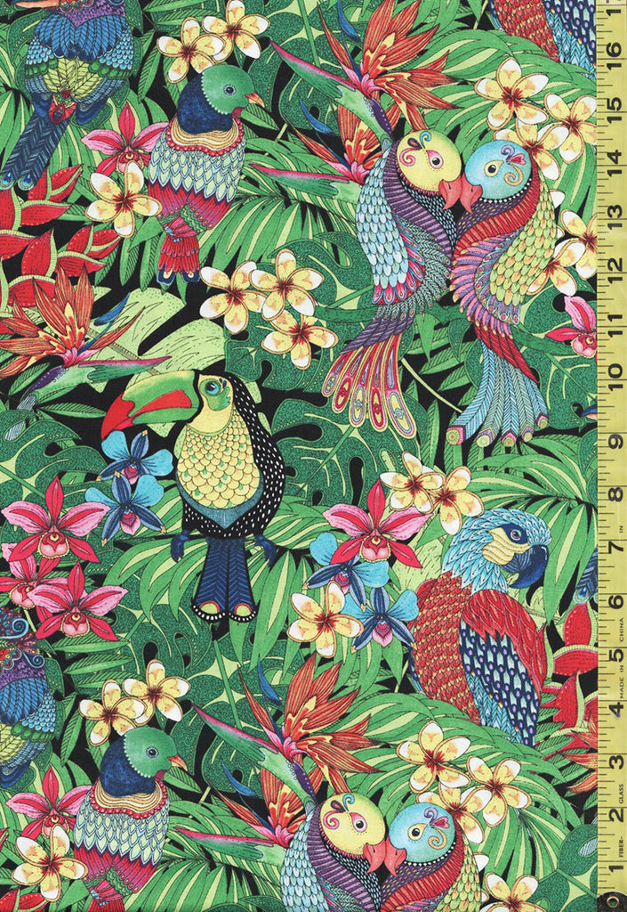 Tropical - Tropical Flair - Tropical Love Birds & Jungle Flowers - 77658-973 - Black