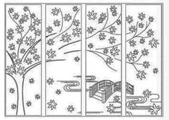 Sashiko Pre-printed Panel - HM-26 - Maple Tree & Bridge - Large 4-part panel - Navy