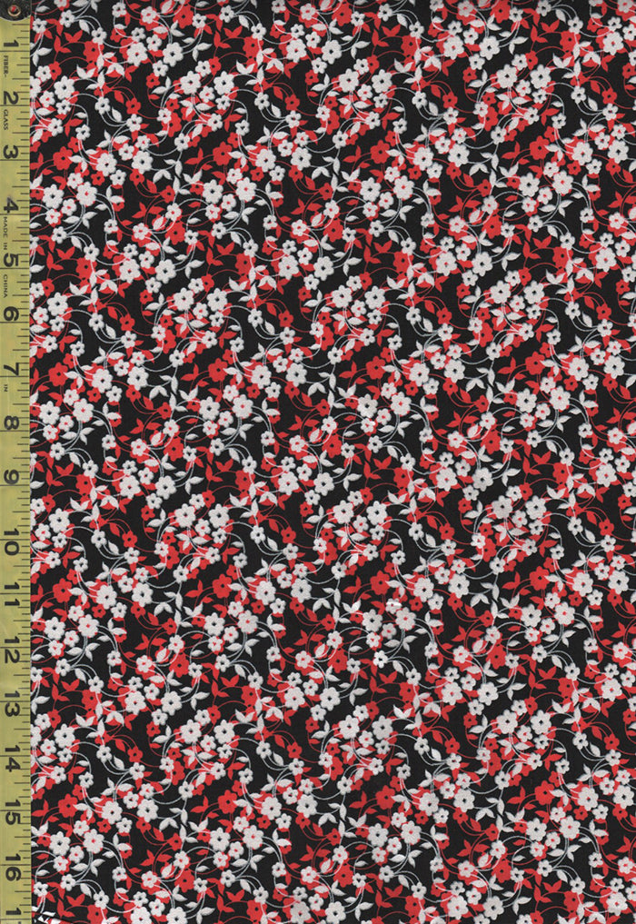 Floral Fabric - Poppy Prominade - Compact  Mini Flower Dance - 7984P-10 - Red, Black & White - ON SALE - SAVE 30% - Last 2 1/8 Yards