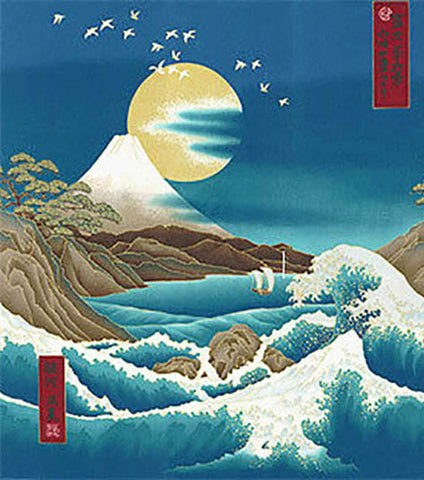 *Japanese - Kona Bay - Mt. Fuji, Full Moon & Stormy Seascape PANEL - Blue