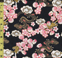 *Japanese - Naka Dragons, Tigers & Cherry Blossoms - N-2600-30A - Black - ON SALE - 20% OFF - BY THE YARD