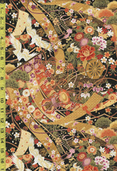 Asian - Cranes, Drums & Floral Ribbons - NS-026 - Black