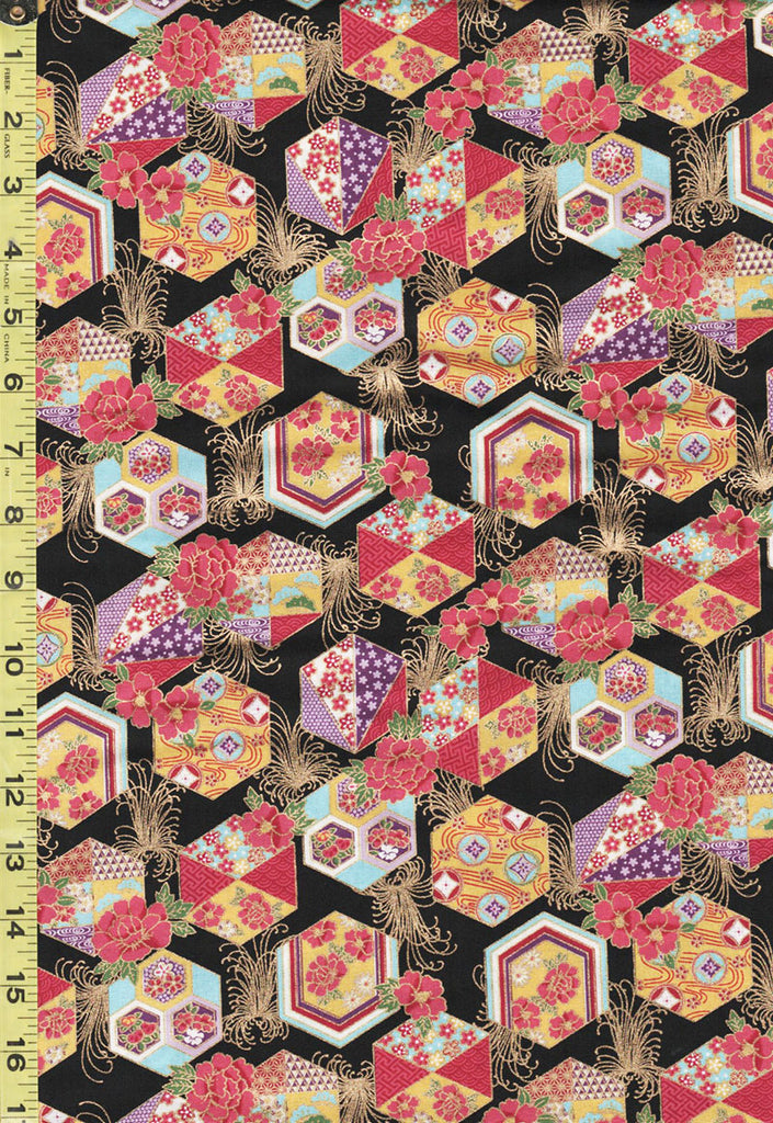 Japanese - Naka Floral Hexagons, Peonies & Cherry Blossoms - N-1750-84A - Black