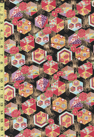 Japanese - Naka Floral Hexagons, Peonies & Cherry Blossoms - N-1750-84A - Black