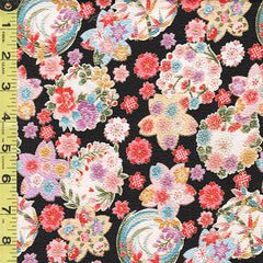 *Japanese - Naka Cherry Blossoms & Floral Medallions - Crepe Like Texture - N-2500-139A-Black