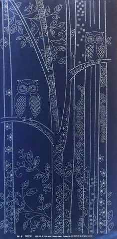 Sashiko Pre-printed Panel - HM-29 - Forest Owls - Dark Navy