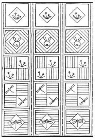 Sashiko Pre-printed Panel - Spring Squares - Bunny, Dragonfly & Flower Blocks (30 - 6
