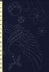 Sashiko Pre-printed Panel - HM-30 - Two Cranes and Cherry Blossoms - Dark Navy