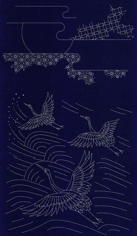 Sashiko Pre-printed Panel - HM-12 - Cranes in Flight - Dark Navy - LAST ONE