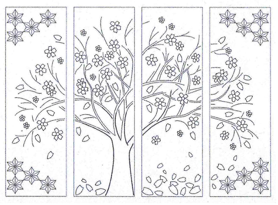 Sashiko Pre-printed Panel - Cherry Tree in Spring- Large 4-part panel - HM-24 - Navy