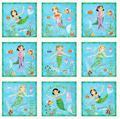 Tropical - Elizabeth Studios Little Mermaids Block - PANEL - 17002 - SALE - $5.00 each