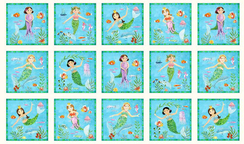 Tropical - Elizabeth Studios Little Mermaids Block - PANEL - 17002 - SALE - $5.00 each